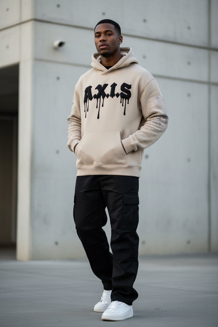 PRE ORDER - A.X.I.S 450 GSM Rhinestone Hoodie- Black, Hot Pink, and Crème.