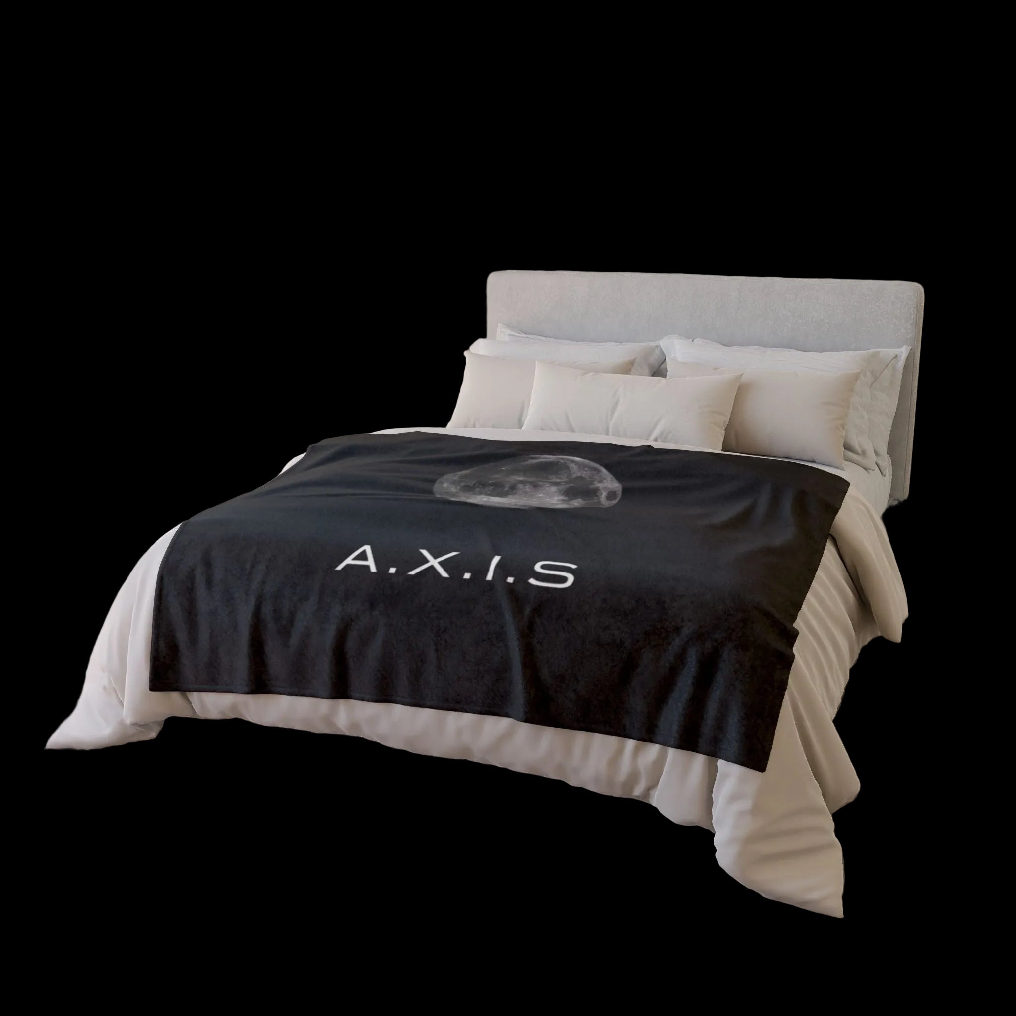 Bedroom with a bed featuring a black blanket with 'A.X.I.S.' text.