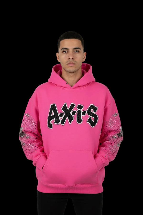 Pink hoodie with Axis logo, front and back views, showing measurements.