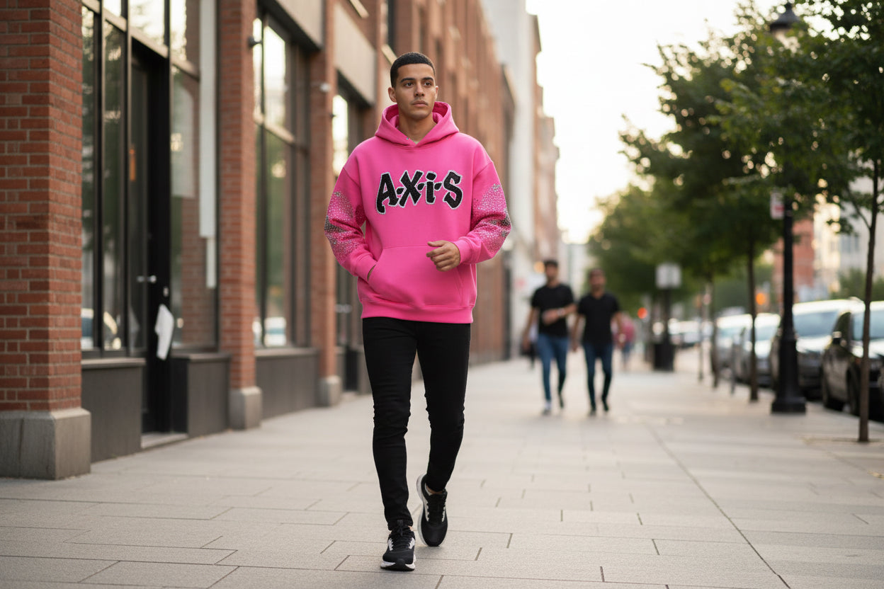 PRE ORDER - A.X.I.S 450 GSM Rhinestone Hoodie- Black, Hot Pink, and Crème.